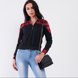 NWT LA REYNA Small Black & Red Buffalo Plaid Trim Sweatershirt